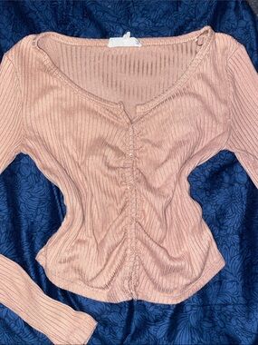 Pink Republic Ribbed Button-Front Top in Peach